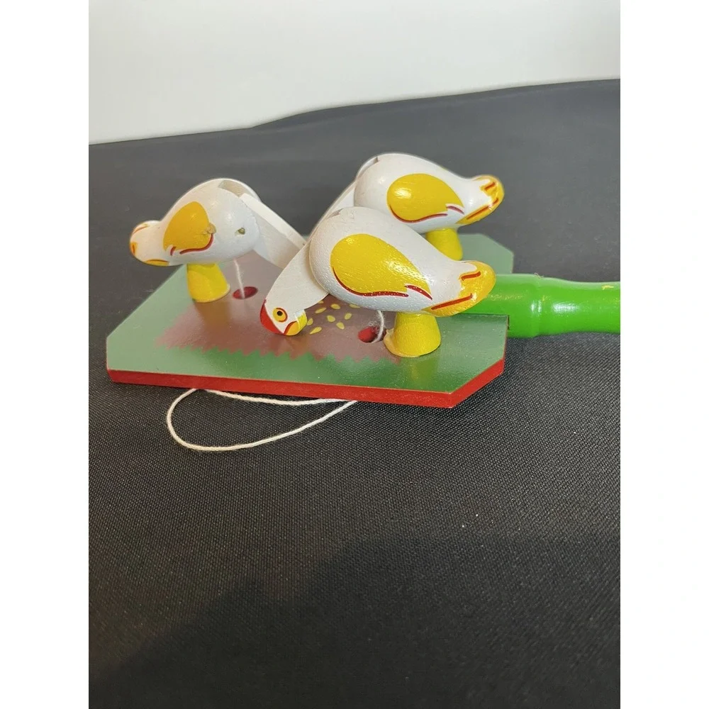 Pecking Hen Toy Vintage Wood Green White Chicken